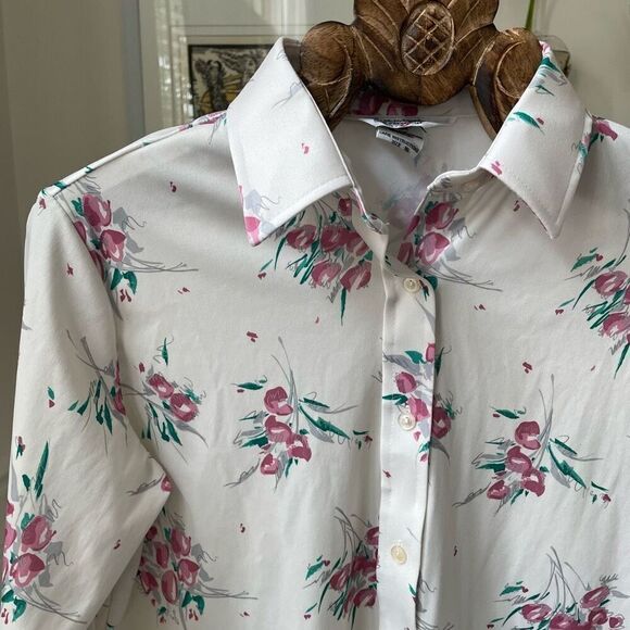 Vintage 70s Sears Perma Prest Polyester Floral Print Button Shirt L - Picture 1 of 6